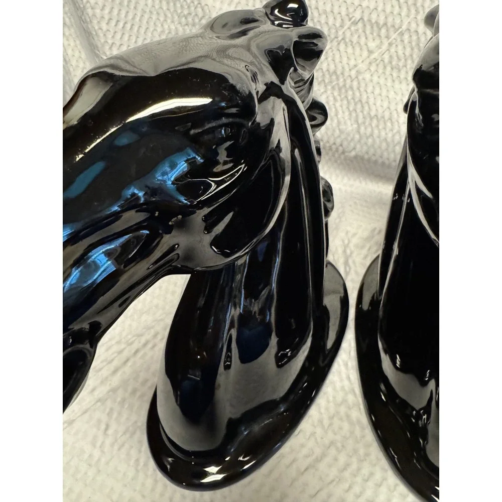 Vintage Pair High Shine Glazed Black Stallion Horse Head Bookends Sculptures